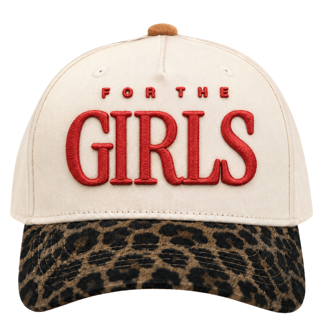 Cream trucker hat with red 'For The Girls' embroidery and leopard print brim