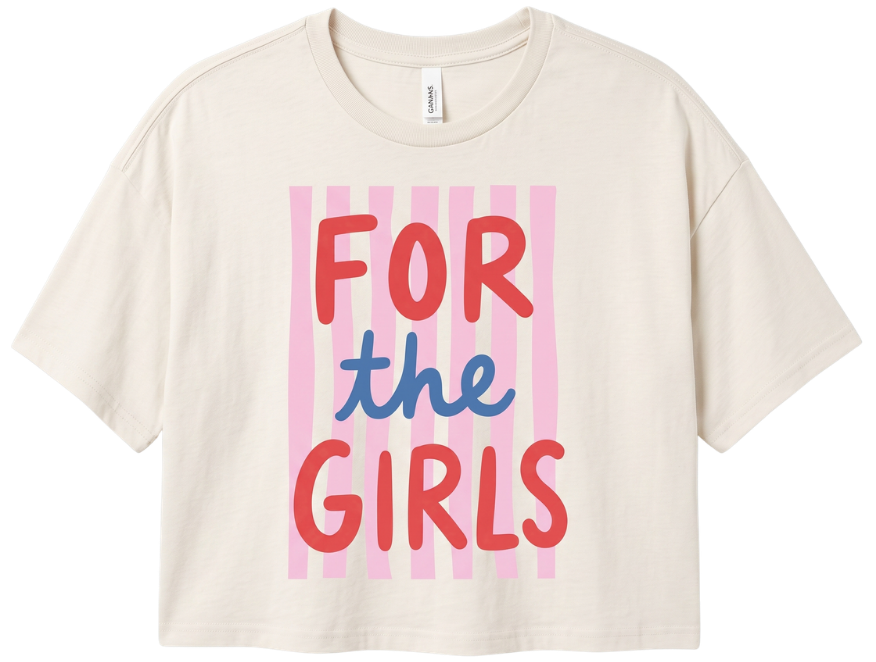 Cream oversized tee with red and blue 'For The Girls' lettering on pink stripes